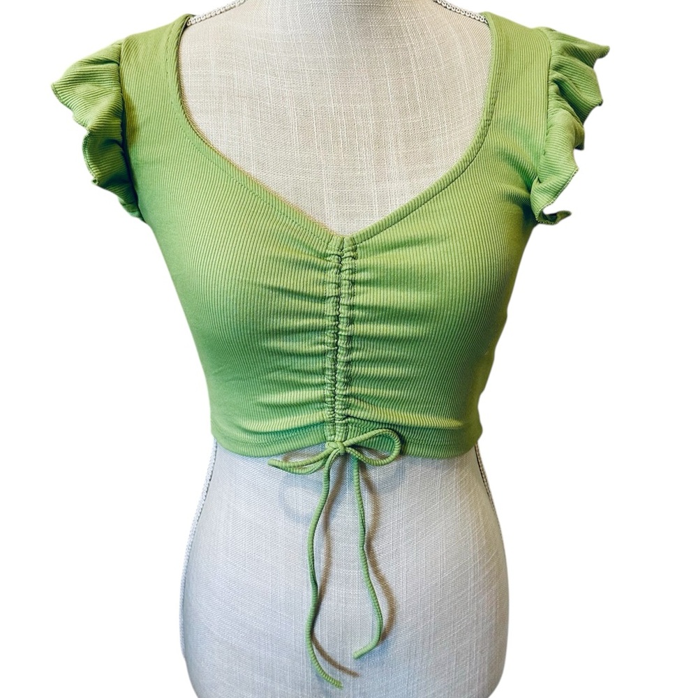 ZARA Green Ruched Ruffle Sleeve Crop Top Size Small NWT